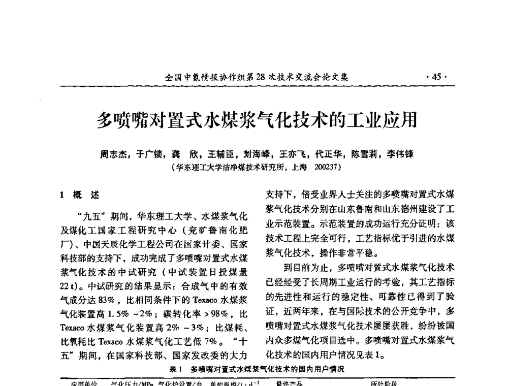 多喷嘴对置式水煤浆气化技术的工业应用 - 全国中氮情报协作组第28次技术交流会