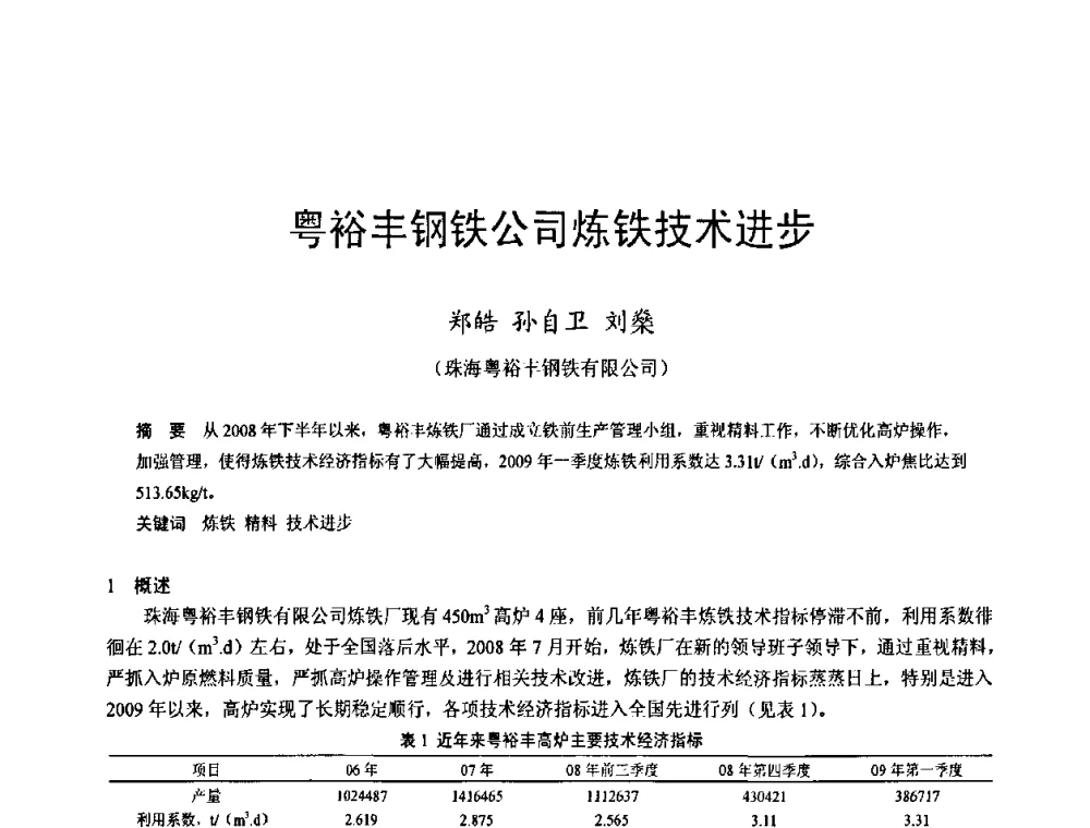粤裕丰钢铁公司炼铁技术进步 - 2009年中小高炉炼铁学术年会