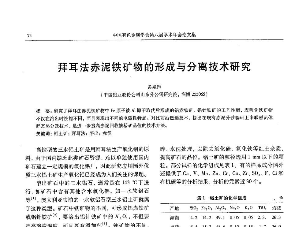 拜耳法赤泥铁矿物的形成与分离技术研究 - 中国有色金属学会第八届学术年会