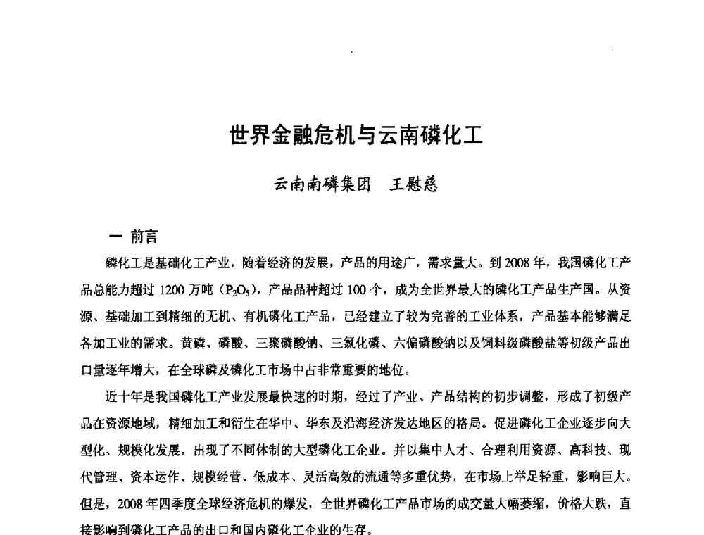 世界金融危机与云南磷化工 - 第三届中国国际磷化工高峰论坛暨行业年会
