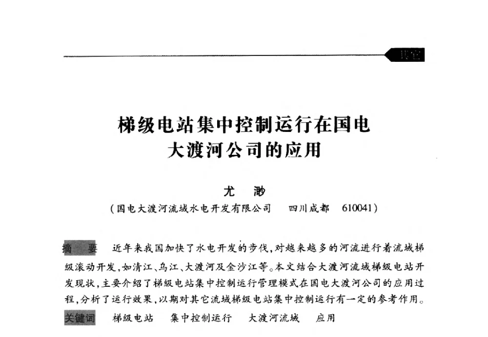梯级电站集中控制运行在国电大渡河公司的应用 - 中国水力发电工程学会梯级调度控制专业委员会2009年年会