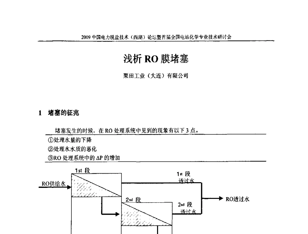 浅析RO膜堵塞 - 2009中国电力脱盐技术(西湖)论坛暨首届全国电站化学专业技术研讨会
