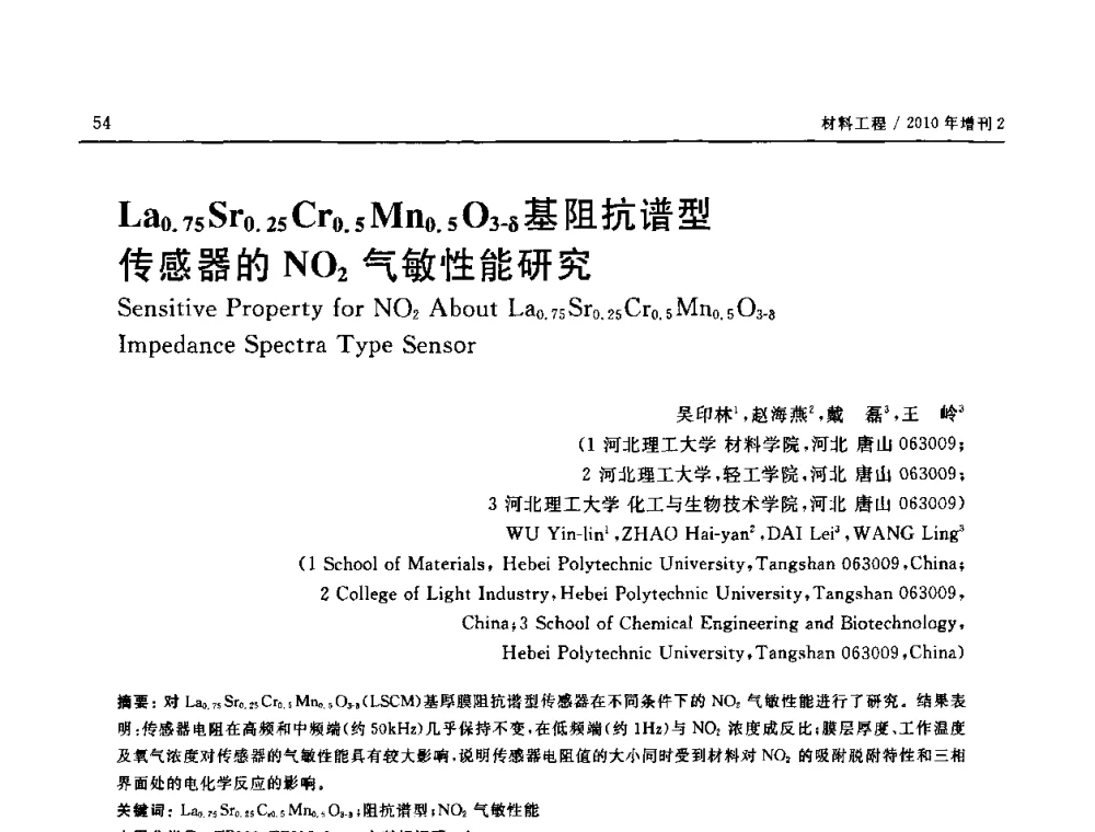 La0.75 Sr0.25 Cr0.5 Mn0.5 O3-δ基阻抗谱型传感器的NO2气敏性能研究 - 第十六届全国高技术陶瓷学术年会暨景德镇高技术陶瓷高层论坛