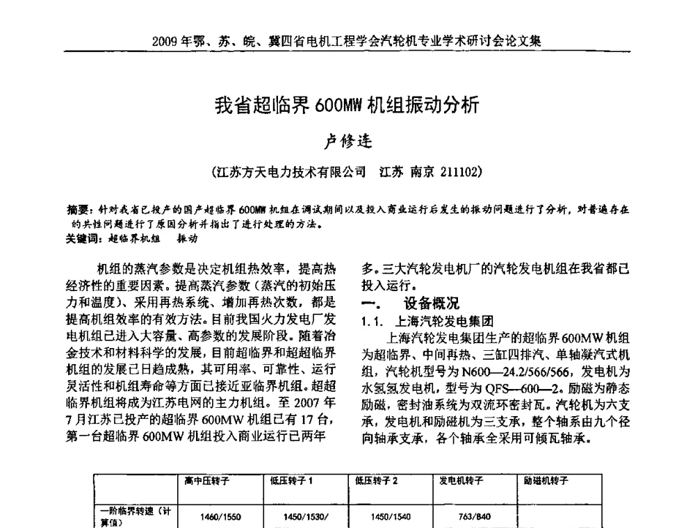 我省超临界600MW机组振动分析 - 2009年鄂、苏、皖、冀四省电机工程学会汽轮机专业学术研讨会