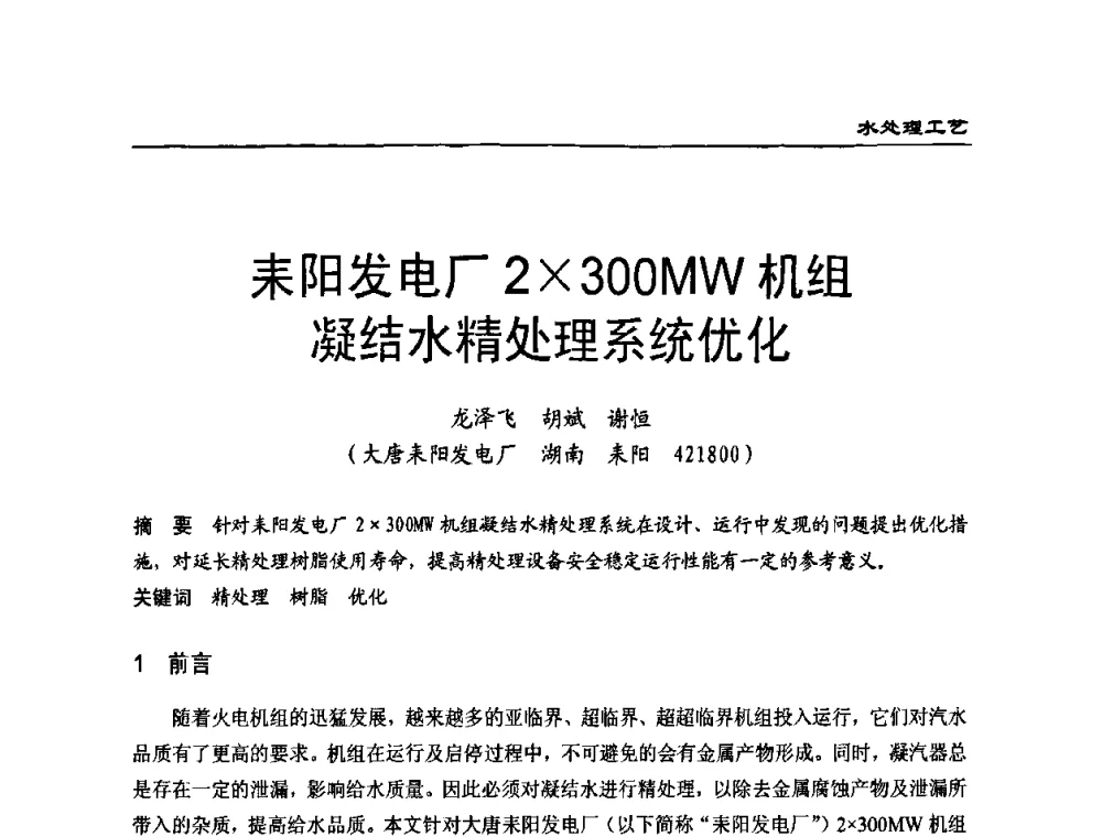 耒阳发电厂2300MW机组凝结水精处理系统优化 - 第二届全国电站化学(环保)专业技术交流研讨会