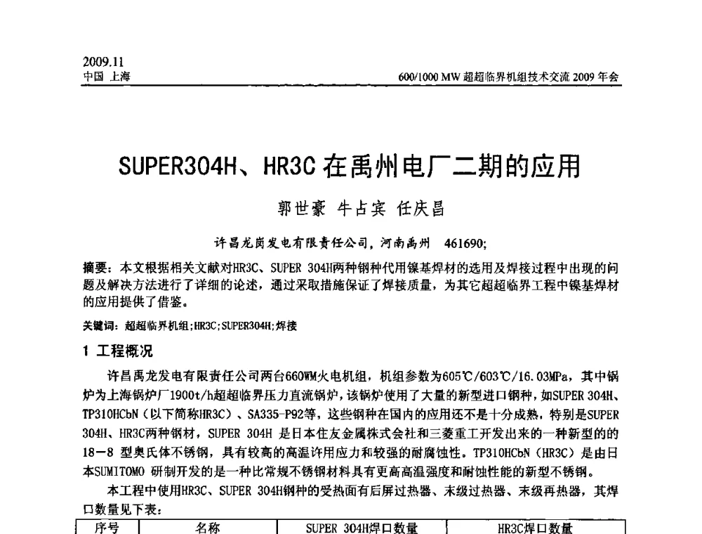 SUPER304H、HR3C在禹州电厂二期的应用 - 中国动力工程学会600_1000MW超超临界机组技术交流2009年会