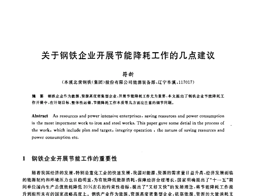 关于钢铁企业开展节能降耗工作的几点建议 - 2010年全国能源环保生产技术会议