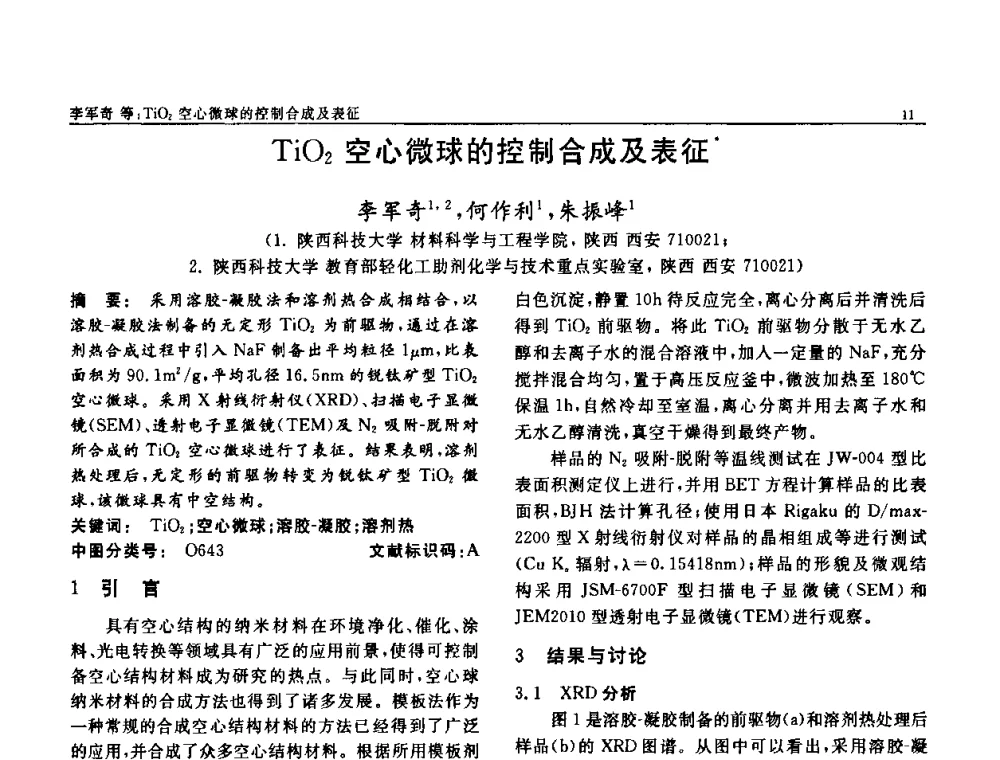 TiO2空心微球的控制合成及表征 - 第七届中国功能材料及其应用学术会议