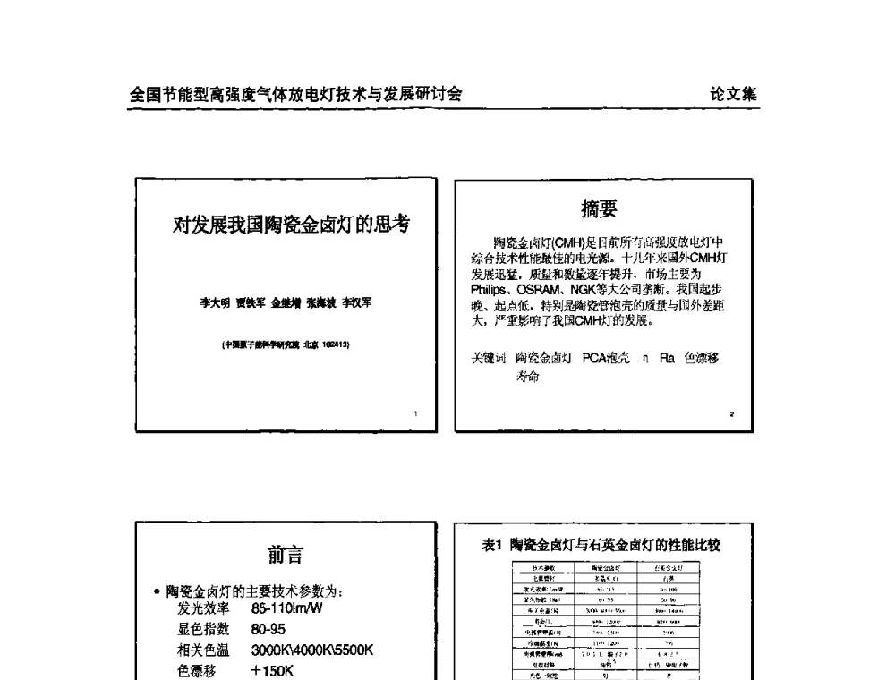 对发展我国陶瓷金卤灯的思考 - 2009全国节能型高强度气体放电灯技术与发展研讨会