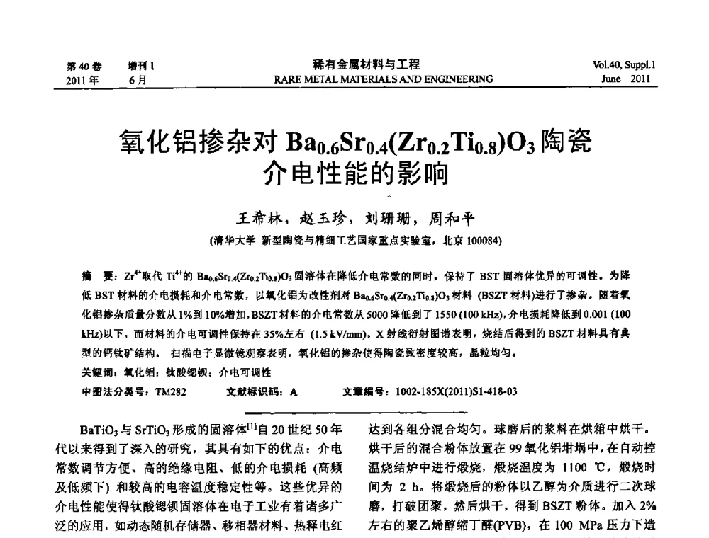 氧化铝掺杂对Ba0．6Sr0．4(Zr0．2Ti0．8)O3陶瓷介电性能的影响 - 第十六届全国高技术陶瓷学术年会暨景德镇高技术陶瓷高层论坛