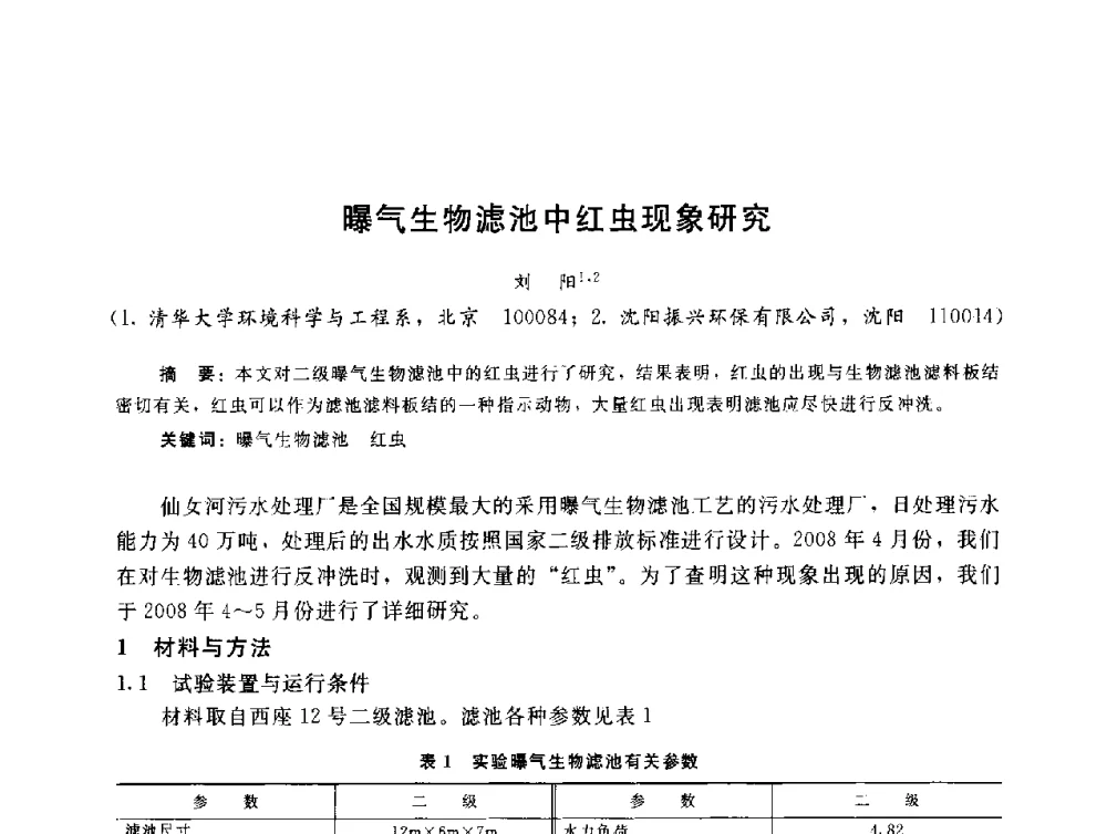 曝气生物滤池中红虫现象研究 - 辽宁省环境科学学会2009年学术年会