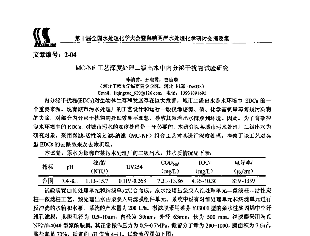 MC—NF工艺深度处理二级出水中内分泌干扰物试验研究 - 第十届全国水处理化学大会暨海峡两岸水处理化学研讨会