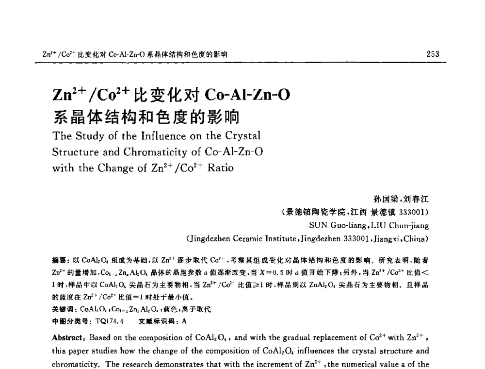 Zn2+_C02+比变化对C0-Al-Zn—O系晶体结构和色度的影响 - 第十六届全国高技术陶瓷学术年会暨景德镇高技术陶瓷高层论坛