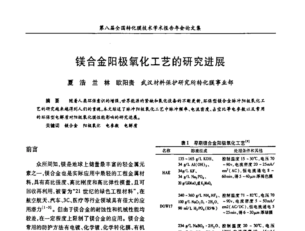 镁合金阳极氧化工艺的研究进展 - 第八届全国转化膜技术学术报告年会