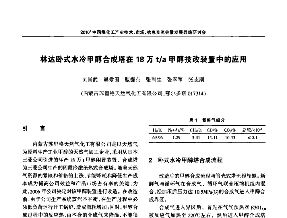 林达卧式水冷甲醇合成塔在18万t_a甲醇技改装置中的应用 - 2010中国煤化工产业技术、市场、信息交流会暨发展战略研讨会