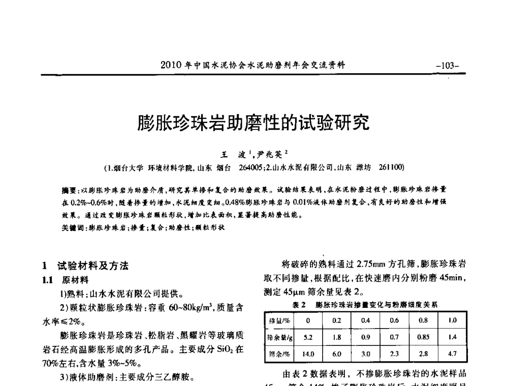 膨胀珍珠岩助磨性的试验研究 - 2010年中国水泥协会水泥助磨剂年会