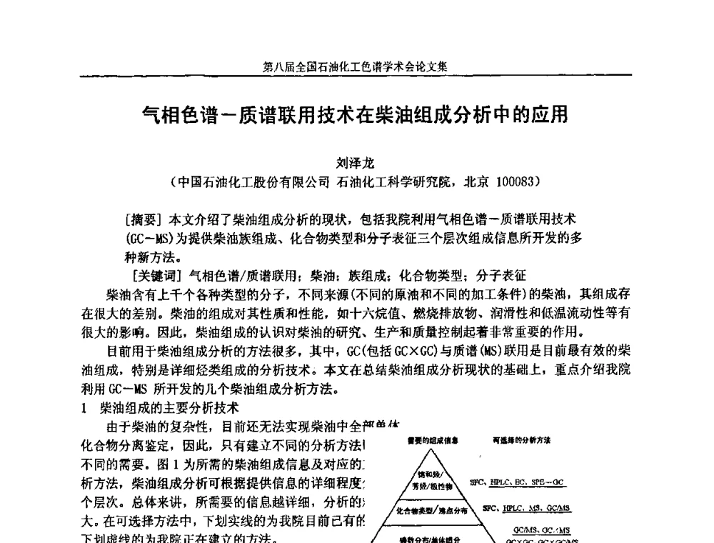 气相色谱-质谱联用技术在柴油组成分析中的应用 - 第八届全国石油化工色谱学术会议