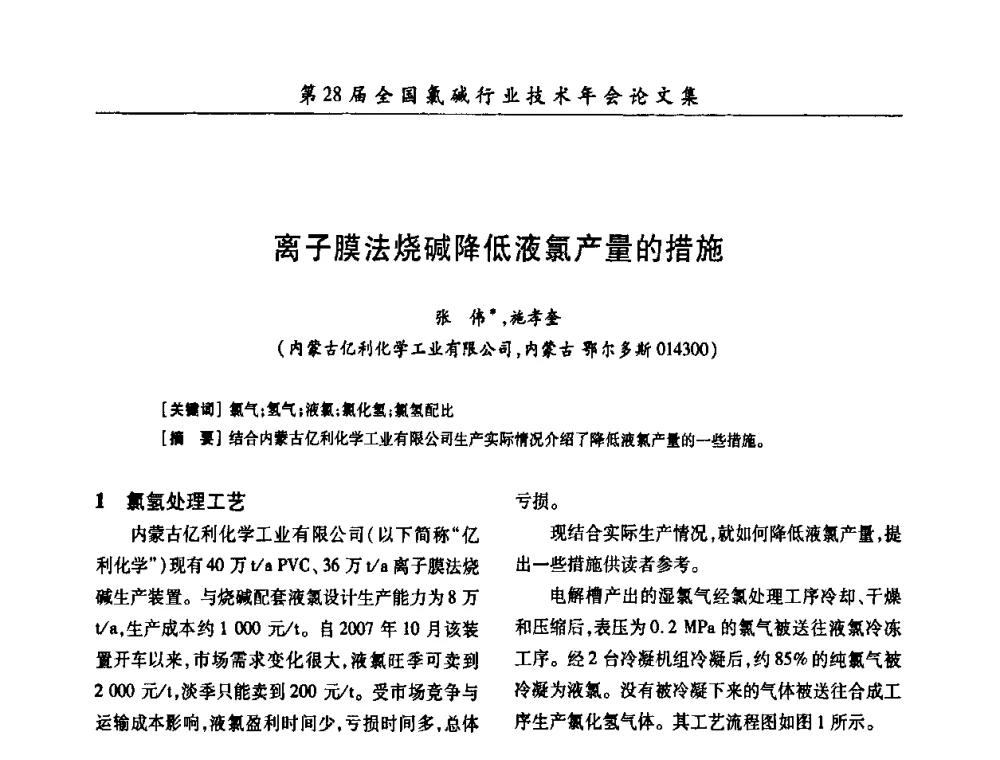 离子膜法烧碱降低液氯产量的措施 - 第28届全国氯碱行业技术年会暨第11届“佑利杯”论文交流会