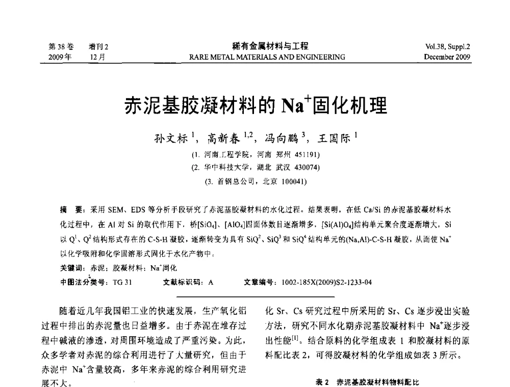 赤泥基胶凝材料的Na+固化机理 - 第十五届全国高技术陶瓷学术年会