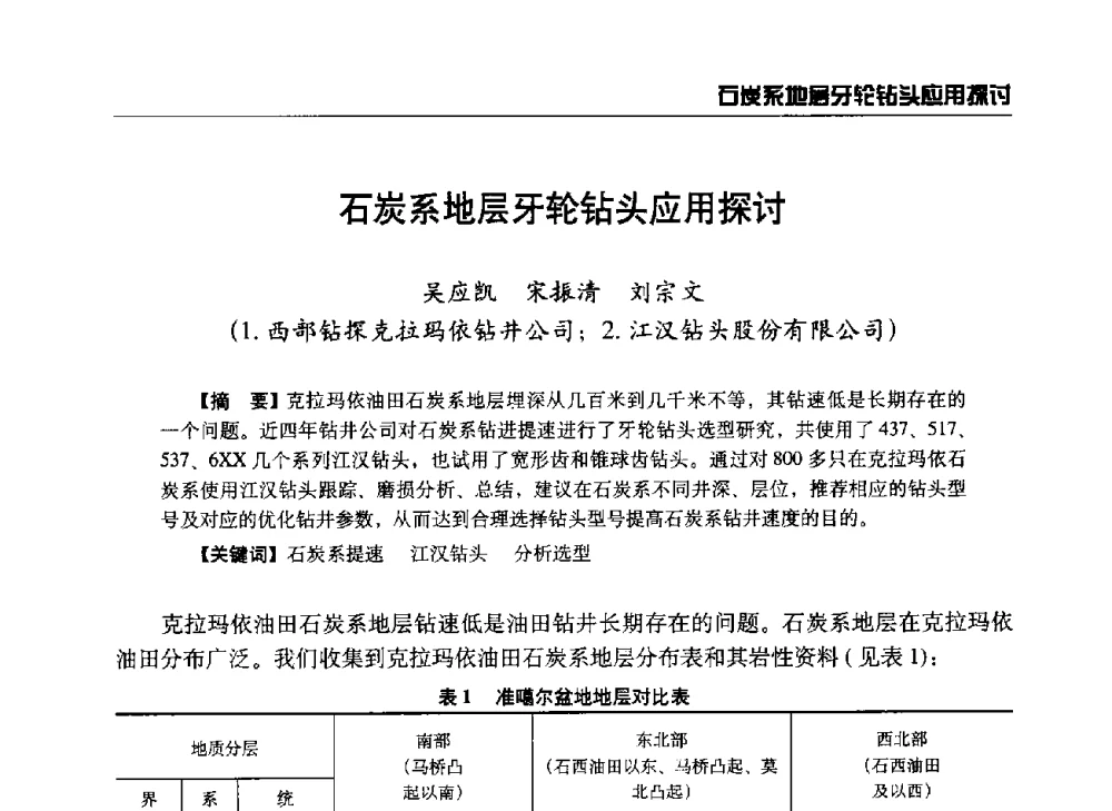石炭系地层牙轮钻头应用探讨 - 第八届石油钻井院所长会议