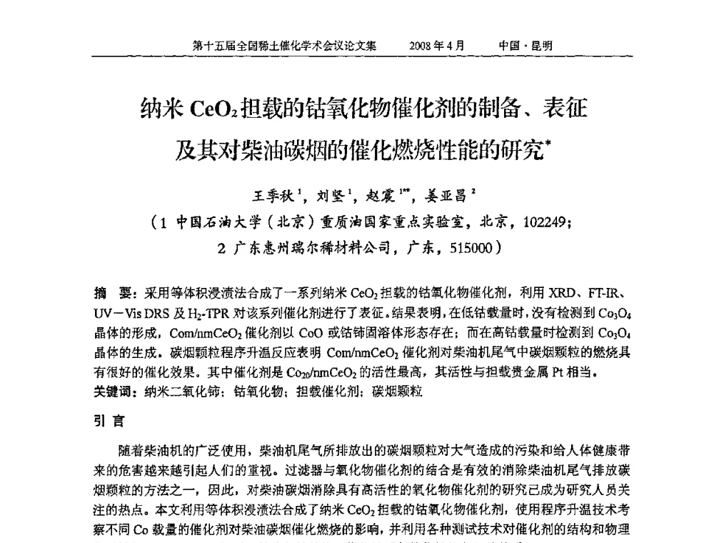 纳米CeO2担载的钴氧化物催化剂的制备、表征及其对柴油碳烟的催化燃烧性能的研究 - 第十五届全国稀土催化学术会议