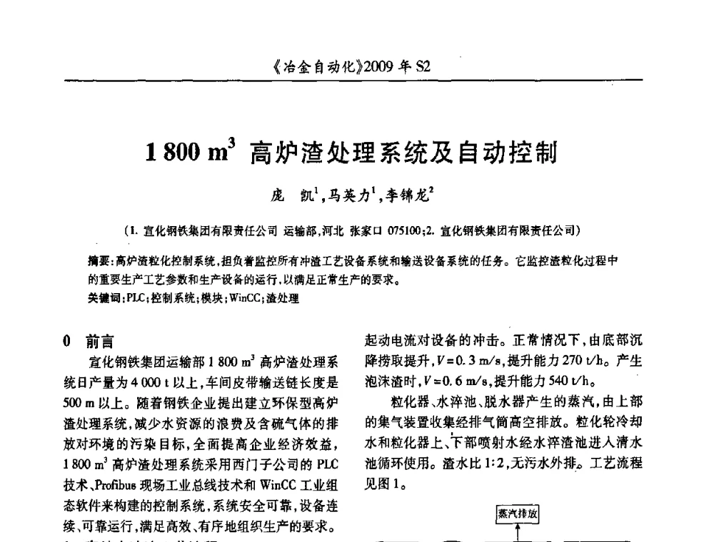 1800 m3高炉渣处理系统及自动控制 - 2009年全国第十四届自动化应用学术交流会暨中国计量学会冶金分会2009年会