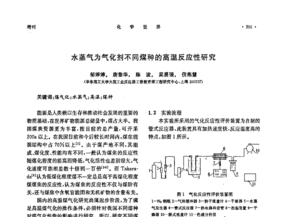 水蒸气为气化剂不同煤种的高温反应性研究 - 上海市化学化工学会2009年度学术年会