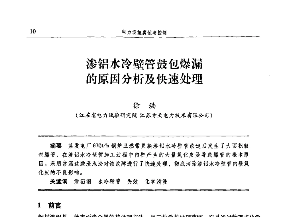 渗铝水冷壁管鼓包爆漏的原因分析及快速处理 - 2009全国电力系统腐蚀控制及检测技术交流会
