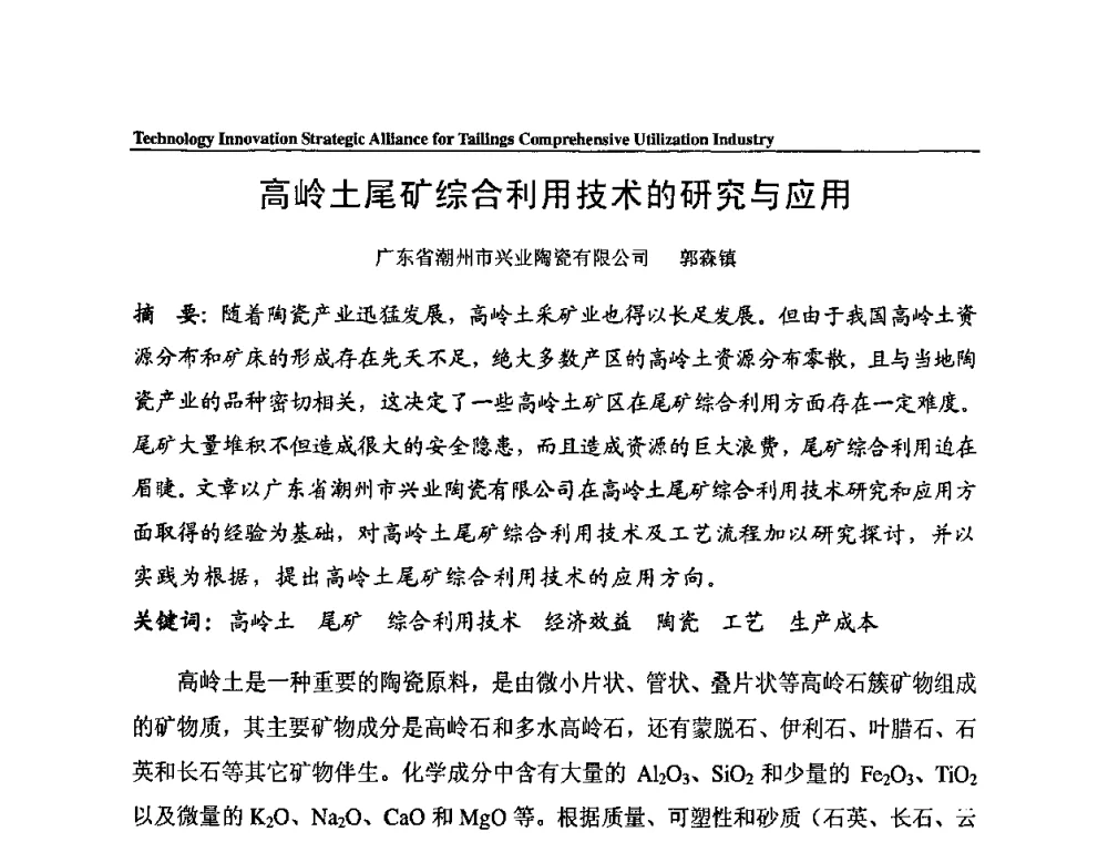 高岭土尾矿综合利用技术的研究与应用 - 尾矿综合利用产业技术创新战略联盟成立大会暨中国尾矿综合利用产业发展高层论坛