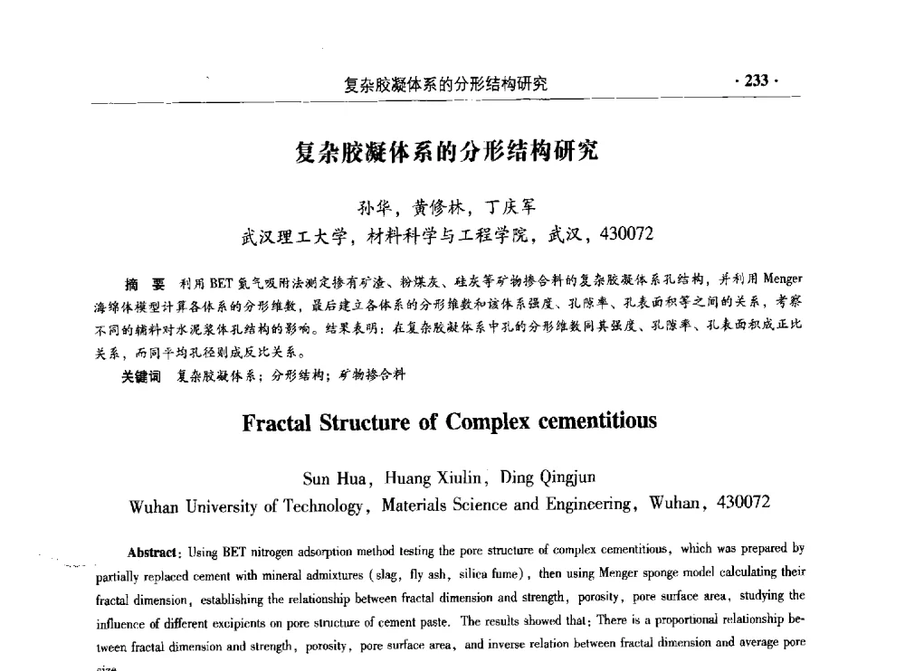 复杂胶凝体系的分形结构研究 - 混凝土低碳技术国际学术研讨会暨第九届全国高性能混凝土学术研讨会