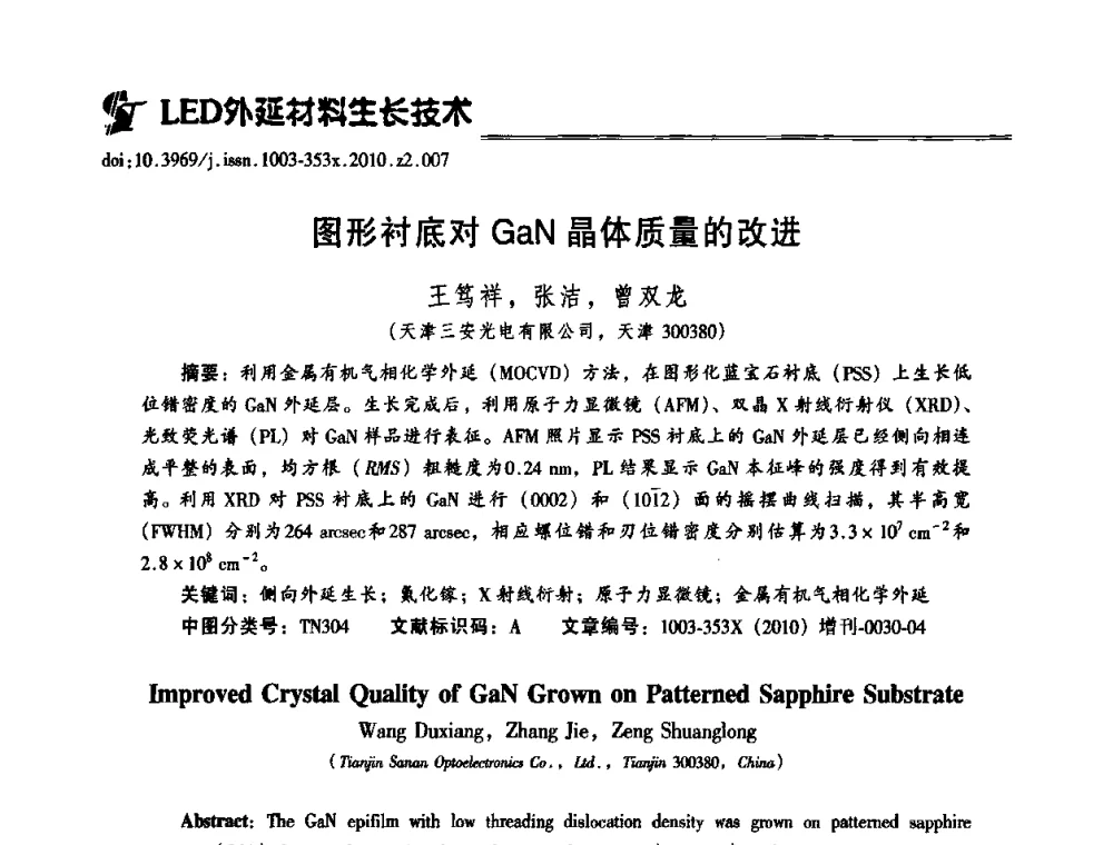 图形衬底对GaN晶体质量的改进 - 第十二届全国LED产业研讨与学术会议(2010’LED)