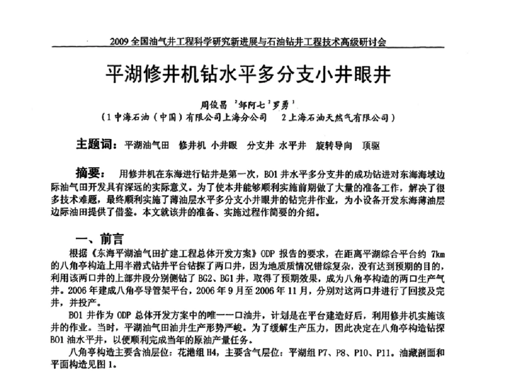 平湖修井机钻水平多分支小井眼井 - 2009全国油气井工程科学研究新进展与石油钻井工程技术高级研讨会