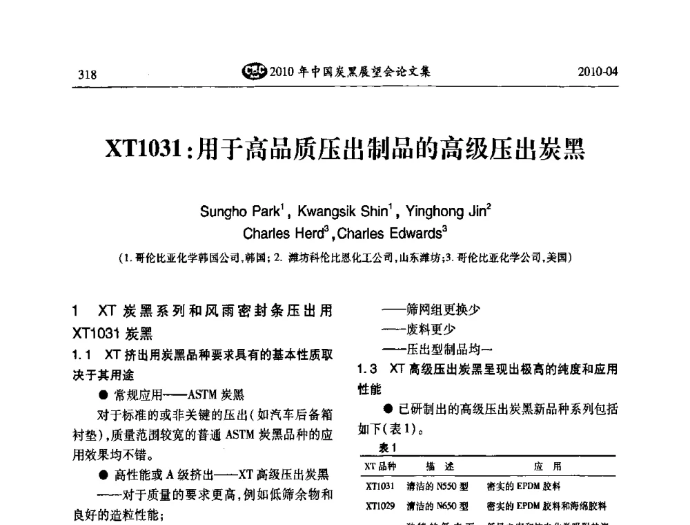 XT1031_用于高品质压出制品的高级压出炭黑 - 2010年中国炭黑展望会