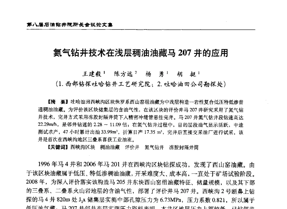氮气钻井技术在浅层稠油油藏马207井的应用 - 第八届石油钻井院所长会议