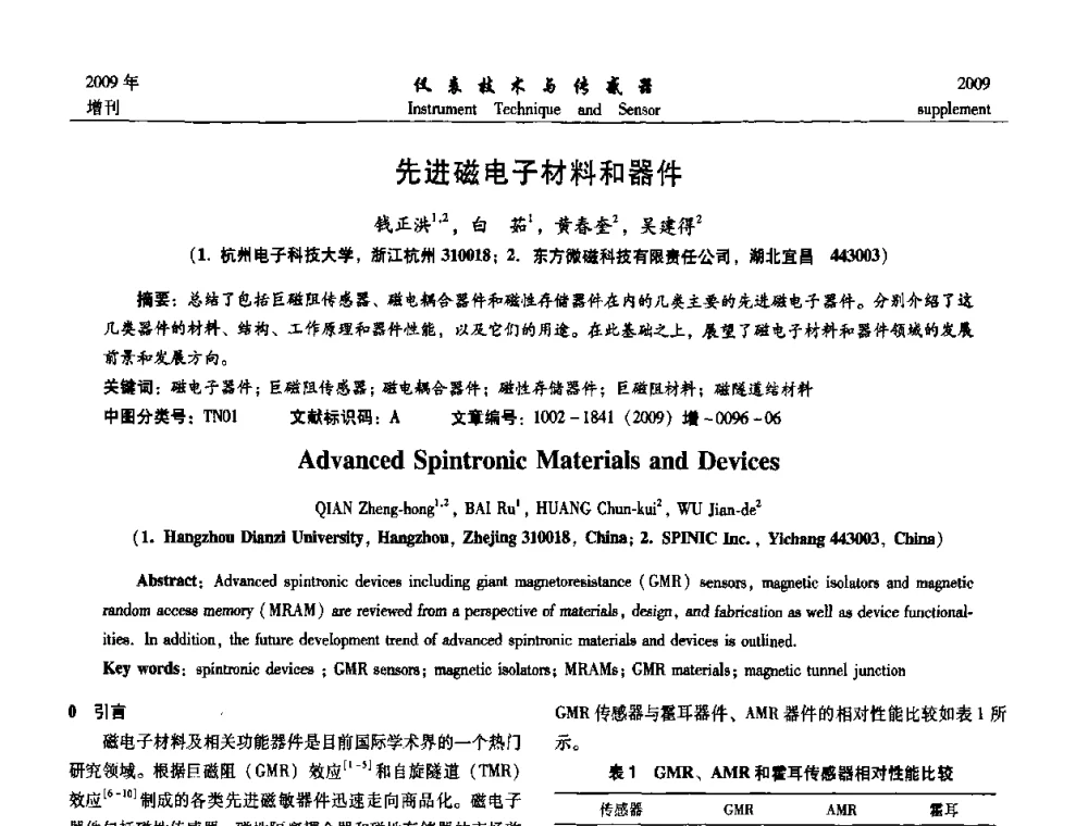先进磁电子材料和器件 - 第11届全国敏感元件与传感器学术会议