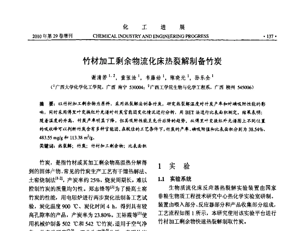 竹材加工剩余物流化床热裂解制备竹炭 - 中国化工学会2010年年会暨第二届石油补充与替代能源开发利用技术论坛