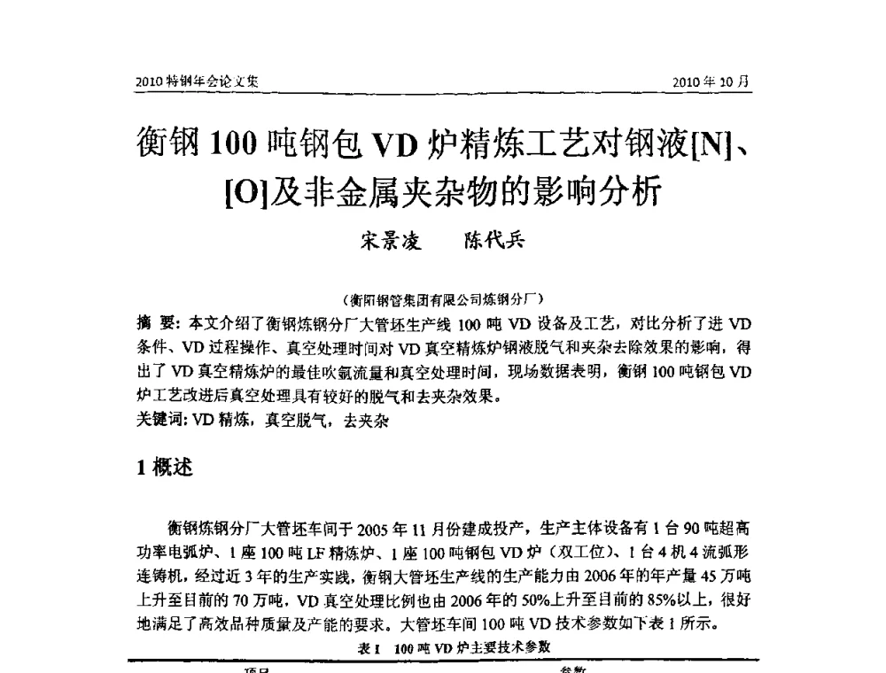 衡钢100吨钢包VD炉精炼工艺对钢液[N]、[O]及非金属夹杂物的影响分析 - 中国金属学会特钢分会、特钢冶炼学术委员会2010年会