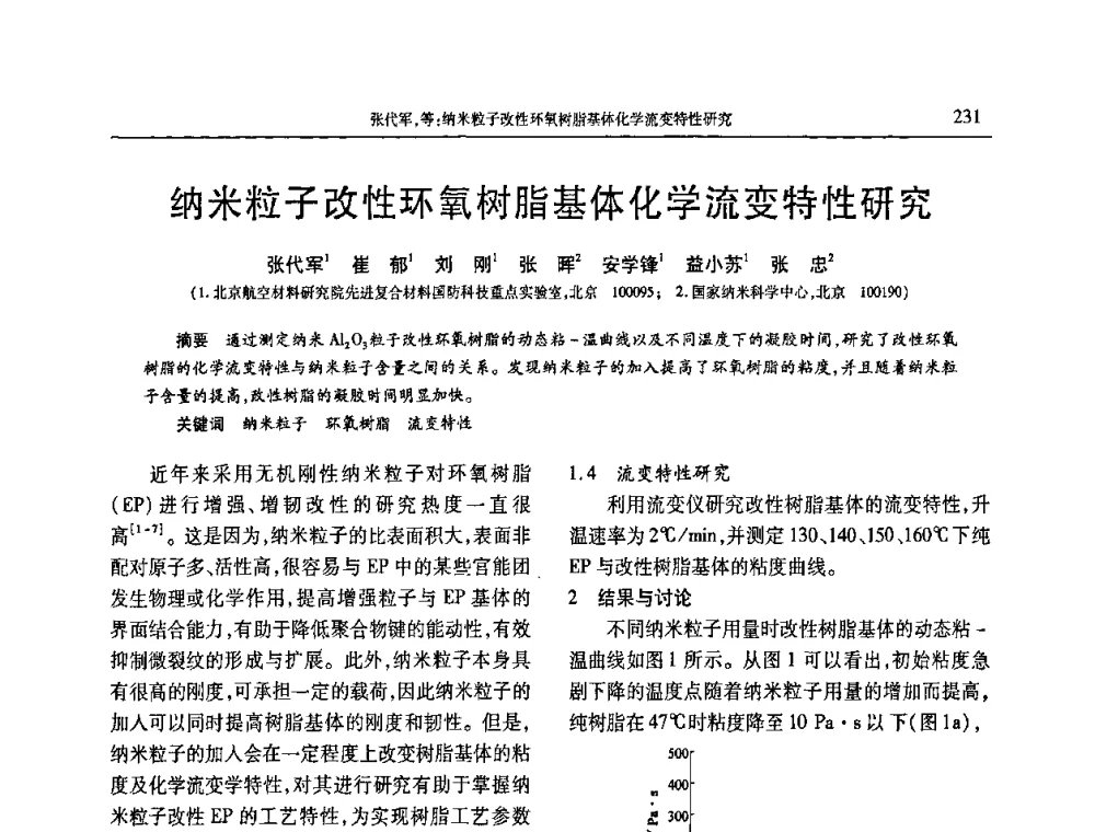 纳米粒子改性环氧树脂基体化学流变特性研究 - 2009年中国工程塑料复合材料技术研讨会