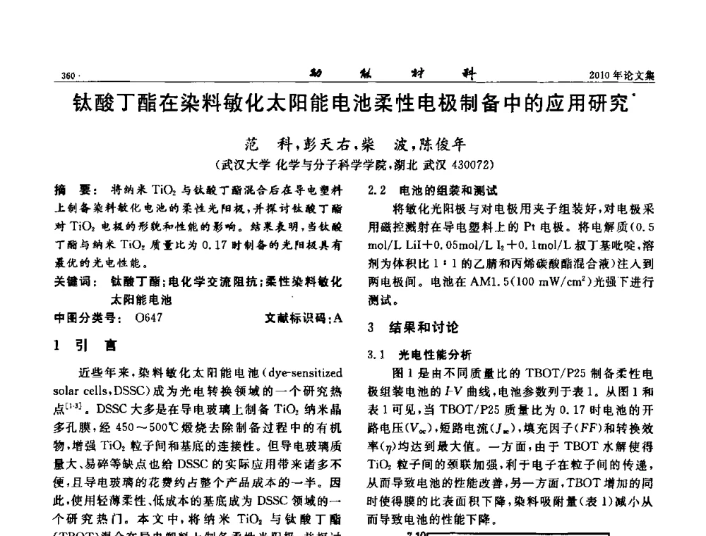 钛酸丁酯在染料敏化太阳能电池柔性电极制备中的应用研究 - 第七届中国功能材料及其应用学术会议