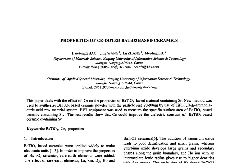 PROPERTIES OF CE-DOTED BATiO3 BASED CERAMICS - 2010年全国压电和声波理论及器件技术研讨会