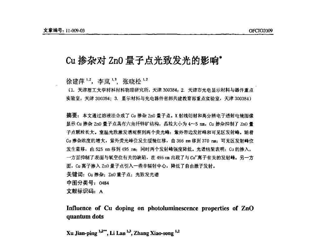 Cu掺杂对ZnO量子点光致发光的影响 - 全国第14次光纤通信暨第15届集成光学学术会议