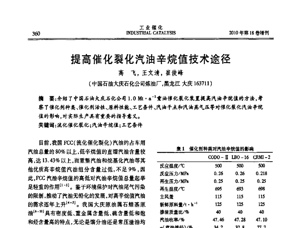 提高催化裂化汽油辛烷值技术途径 - 第七届全国工业催化技术及应用年会