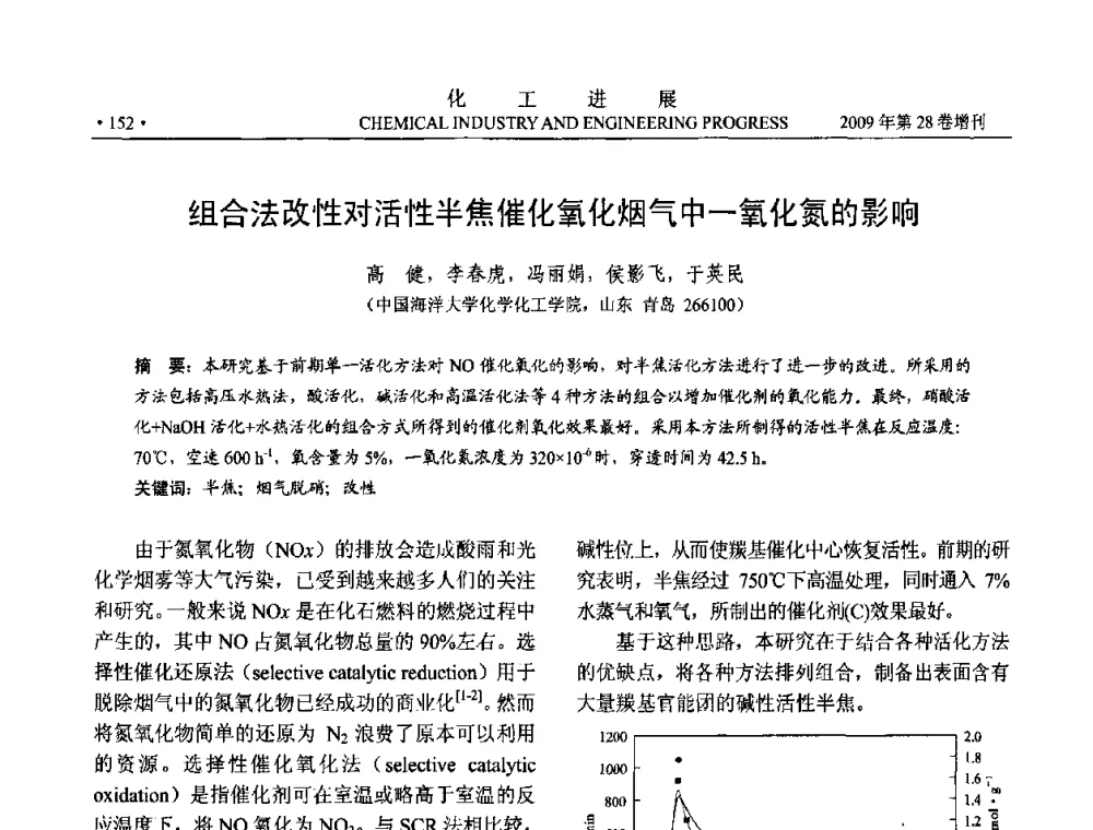 组合法改性对活性半焦催化氧化烟气中一氧化氮的影响 - 中国化工学会2009年年会暨第三届全国石油和化工行业节能节水减排技术论坛