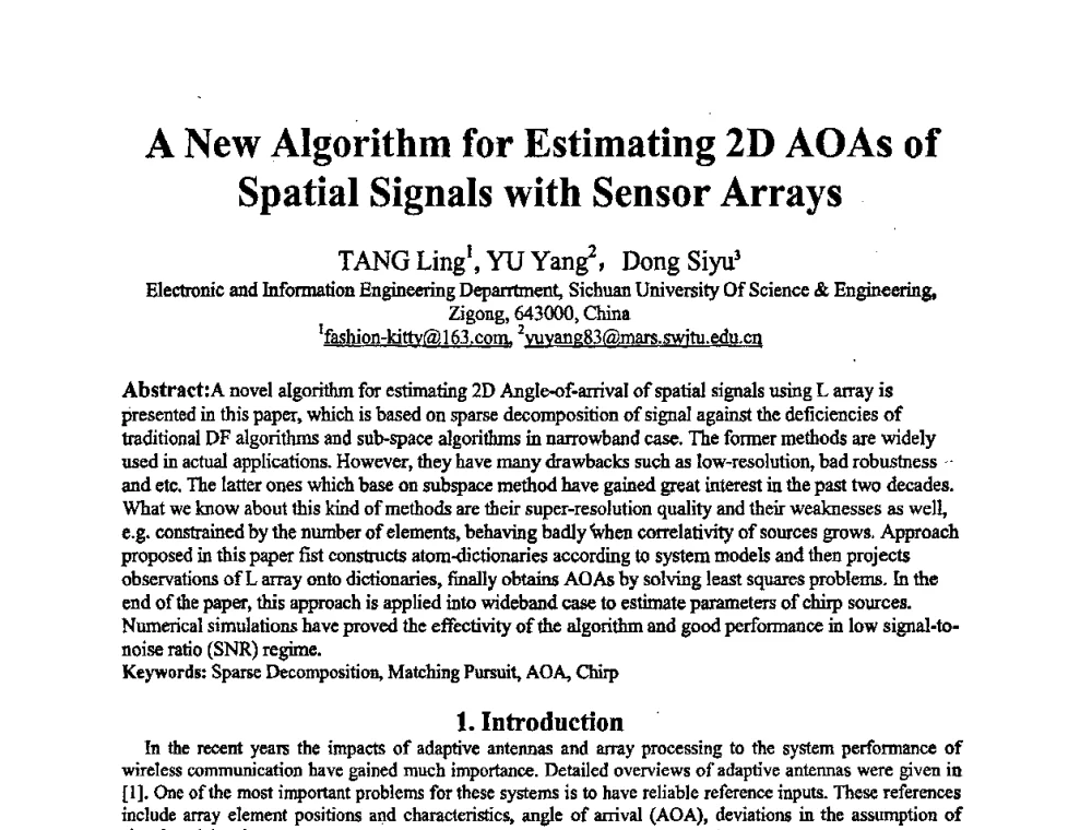 A New Algorithm for Estimating 2D AOAs of Spatial Signals with Sensor Arrays - 2008年中国西部青年通信学术会议