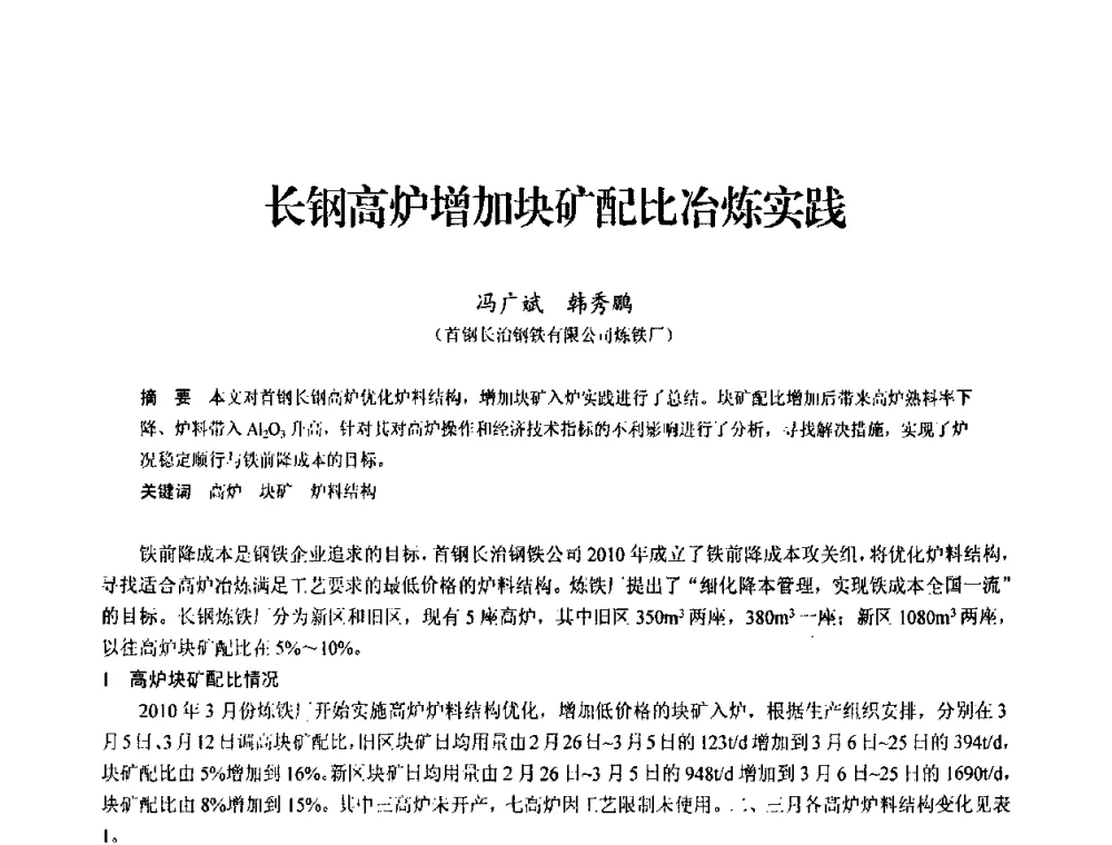 长钢高炉增加块矿配比冶炼实践 - 2010中小高炉炼铁学术年会