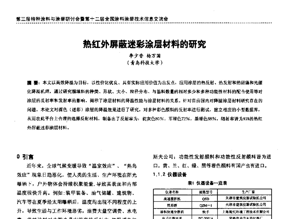 热红外屏蔽迷彩涂层材料的研究 - 第三届特种涂料与涂装研讨会暨第十二届全国涂料涂装技术信息交流会