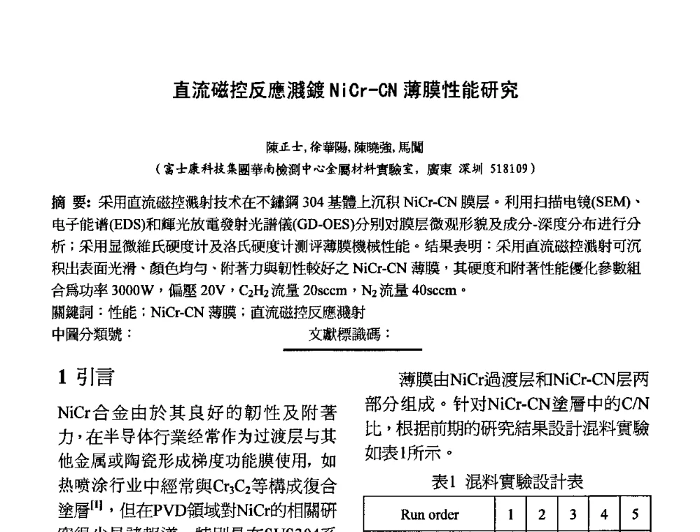 直流磁控反應濺鍍NiCr-CN薄膜性能研究 - 第六届华东三省一市真空学术交流会