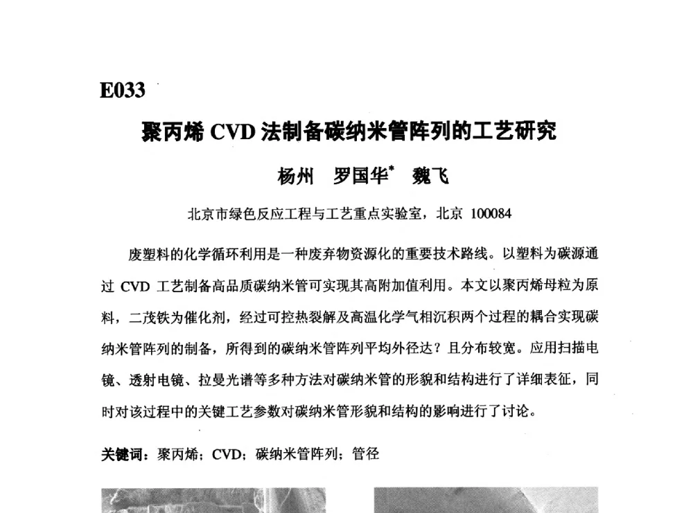 聚丙烯CVD法制备碳纳米管阵列的工艺研究 - 第五届全国化学工程与生物化工年会