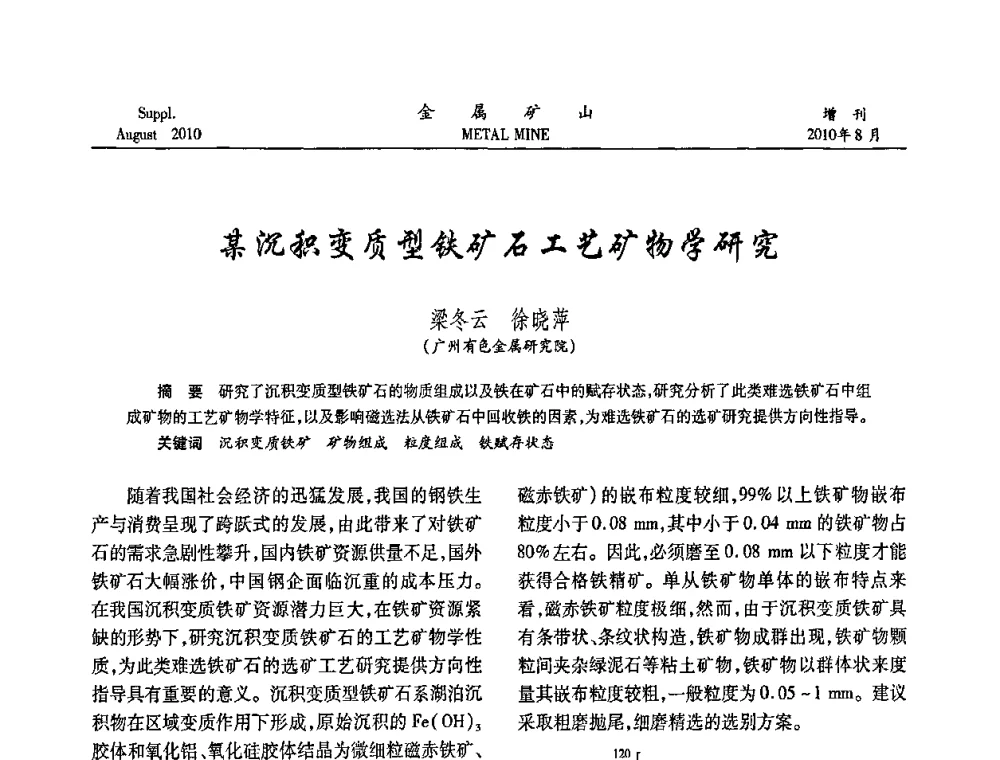 某沉积变质型铁矿石工艺矿物学研究 - 2010中国矿业科技大会