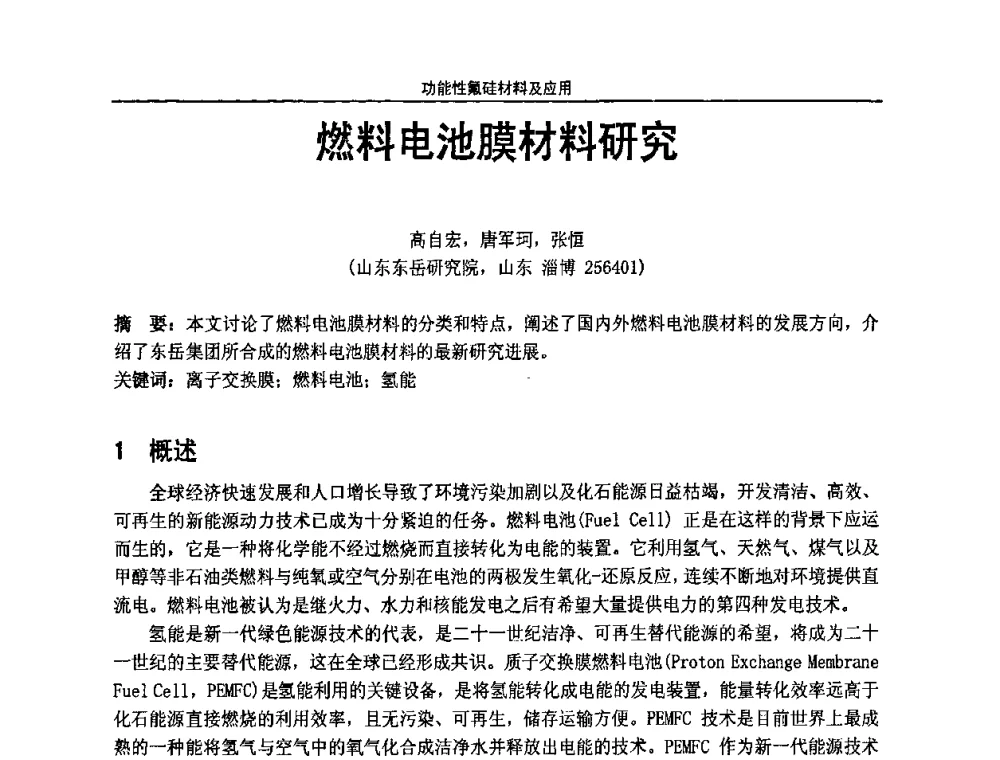 燃料电池膜材料研究 - 第七届全国功能性氟硅材料和涂料市场开发及应用“瓮福蓝天杯”技术研讨会